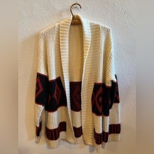 SOLD White Knit Cardigan w/ Black and Burnt Orange Pattern
